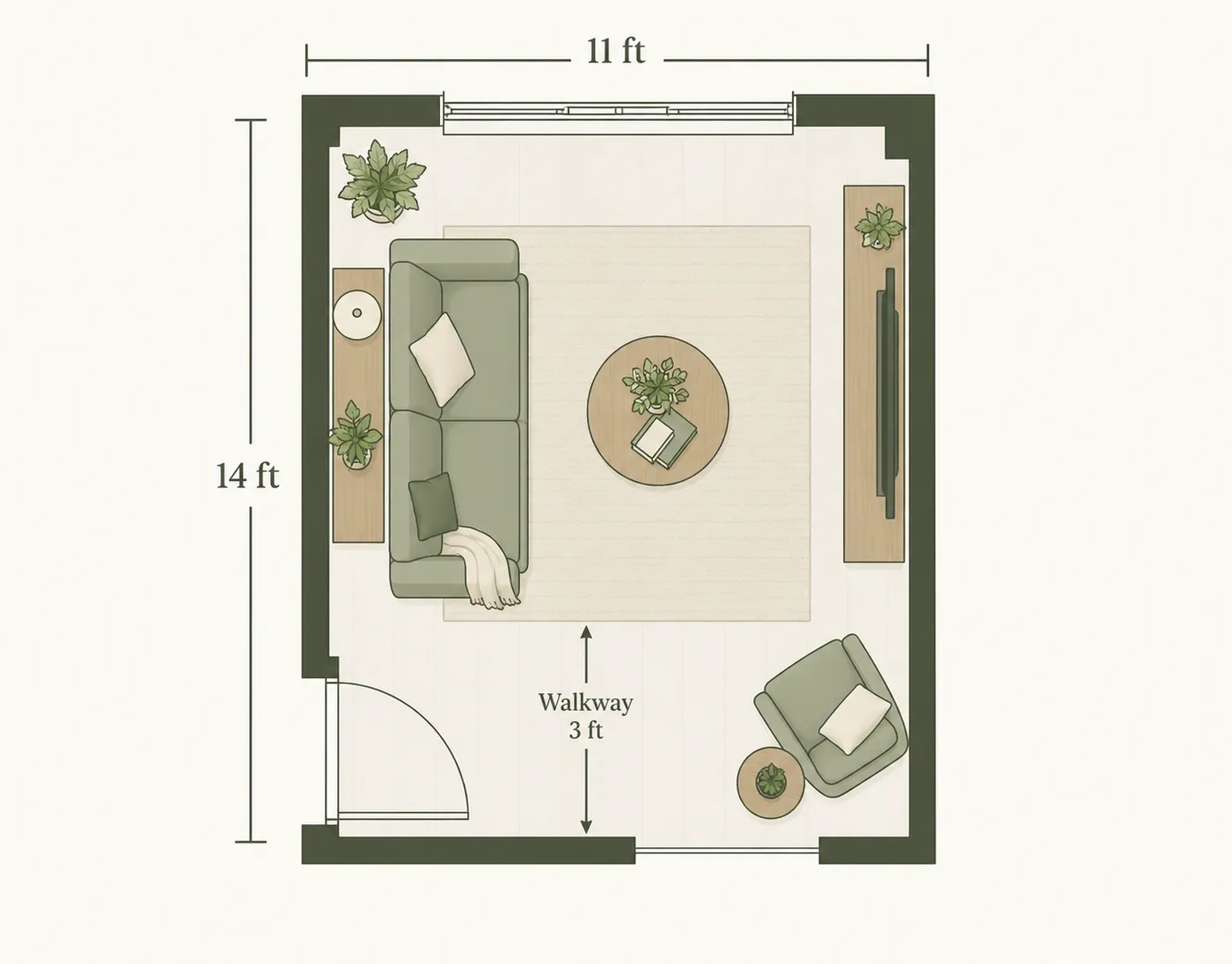 Top-down floor plan of an 11 by 14 foot living room showing a couch, coffee table, TV wall and a 3 foot walkway