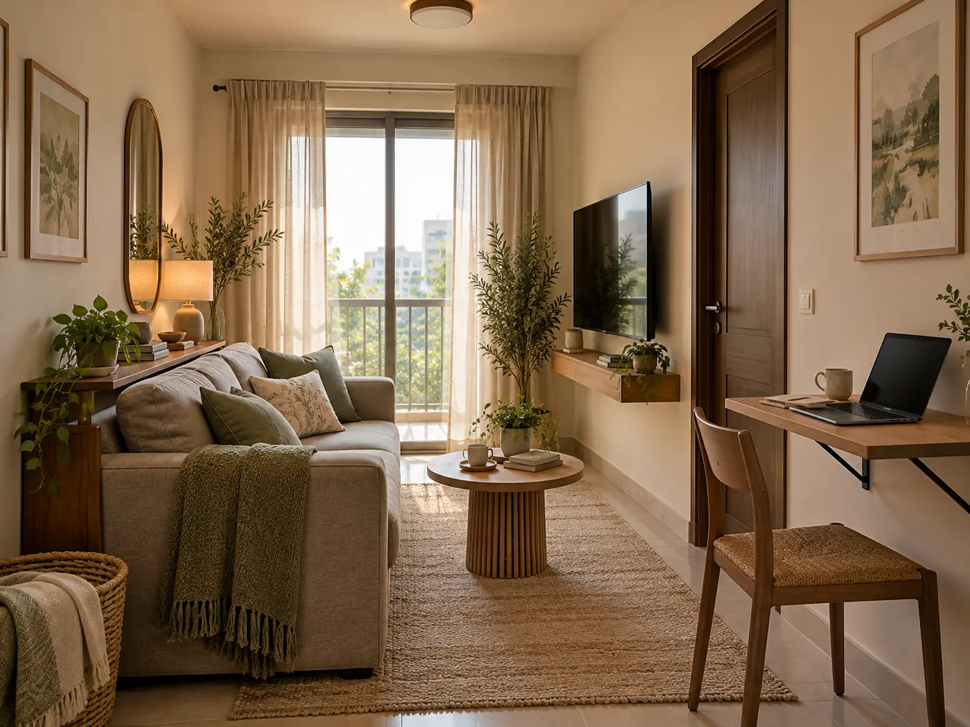 Narrow apartment living room with a beige couch, round coffee table, wall-mounted TV on a floating shelf and a fold-down desk