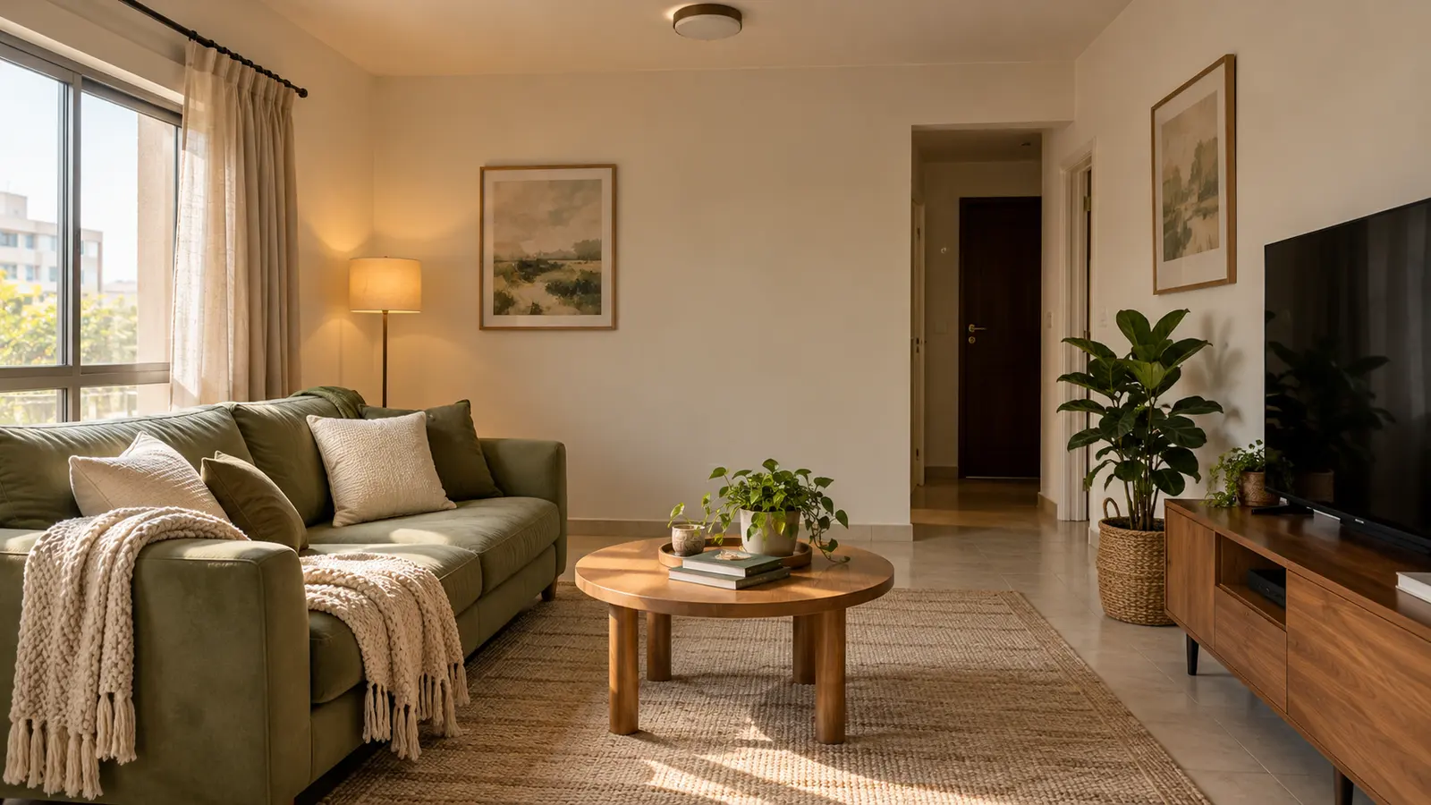 Small apartment living room with a sage green couch, round wood coffee table, floor lamp and plants in warm daylight